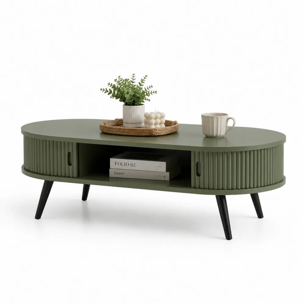Ovaler Couchtisch mit Stauraum geriffelten MDF Fronten Metallbeinen olivgrün 120 x 60 x 45 cm