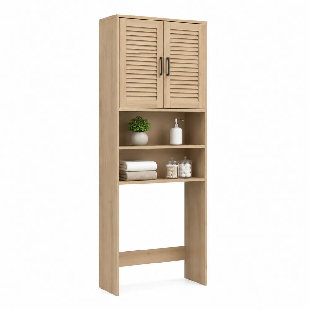 Waschmaschinenregal mit Schranktüren und Ablage MDF Holzdekor beige 70 x 30 x 190 cm