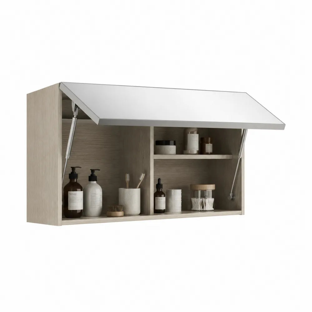 Spiegelschrank Badezimmer mit Klapptür Ablagefächern MDF Holzdekor Beige 100 cm x 20 cm x 55 cm