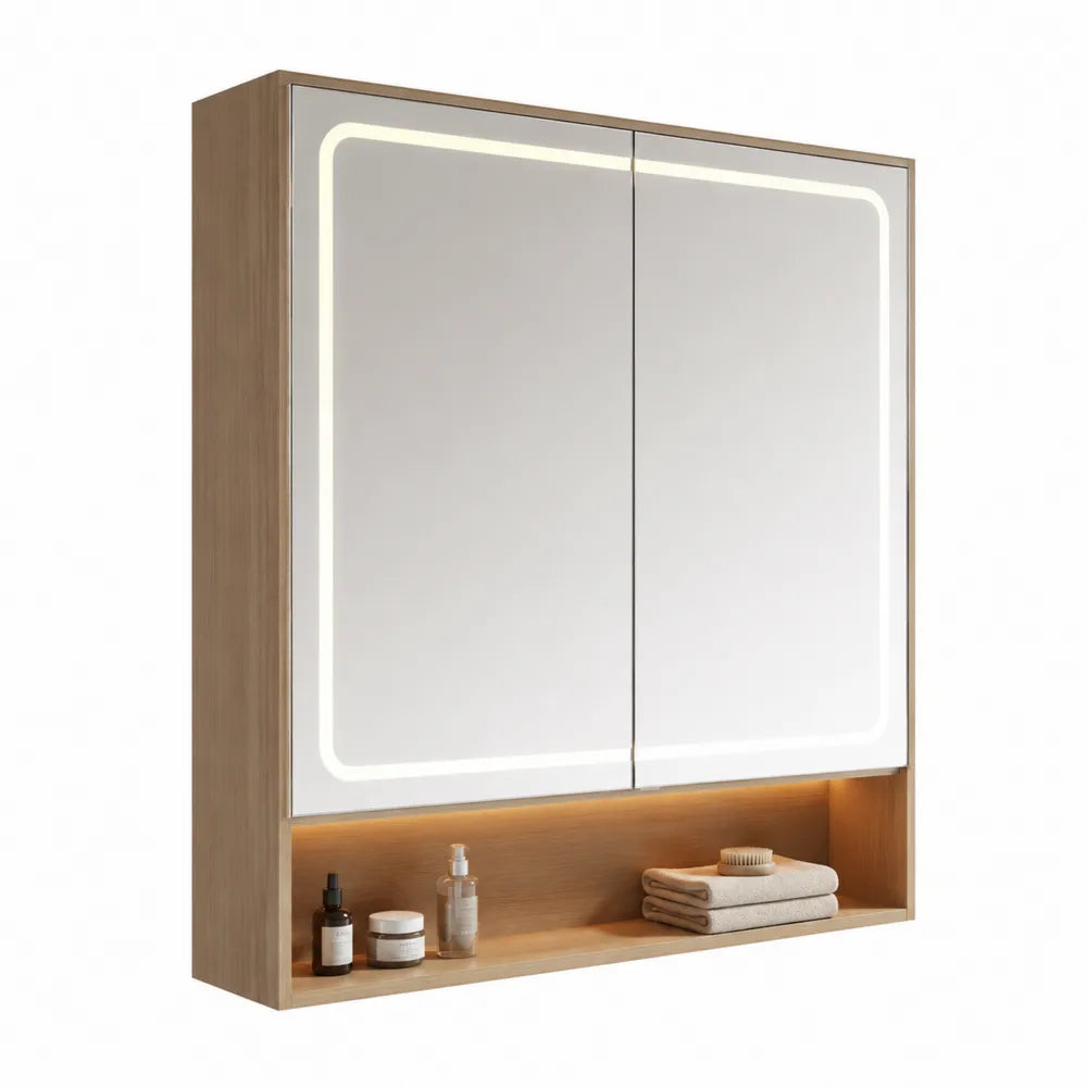 Spiegelschrank Badezimmer mit LED Beleuchtung 2 Spiegeltüren MDF Holzoptik Natur 100 cm x 15 cm x 70 cm