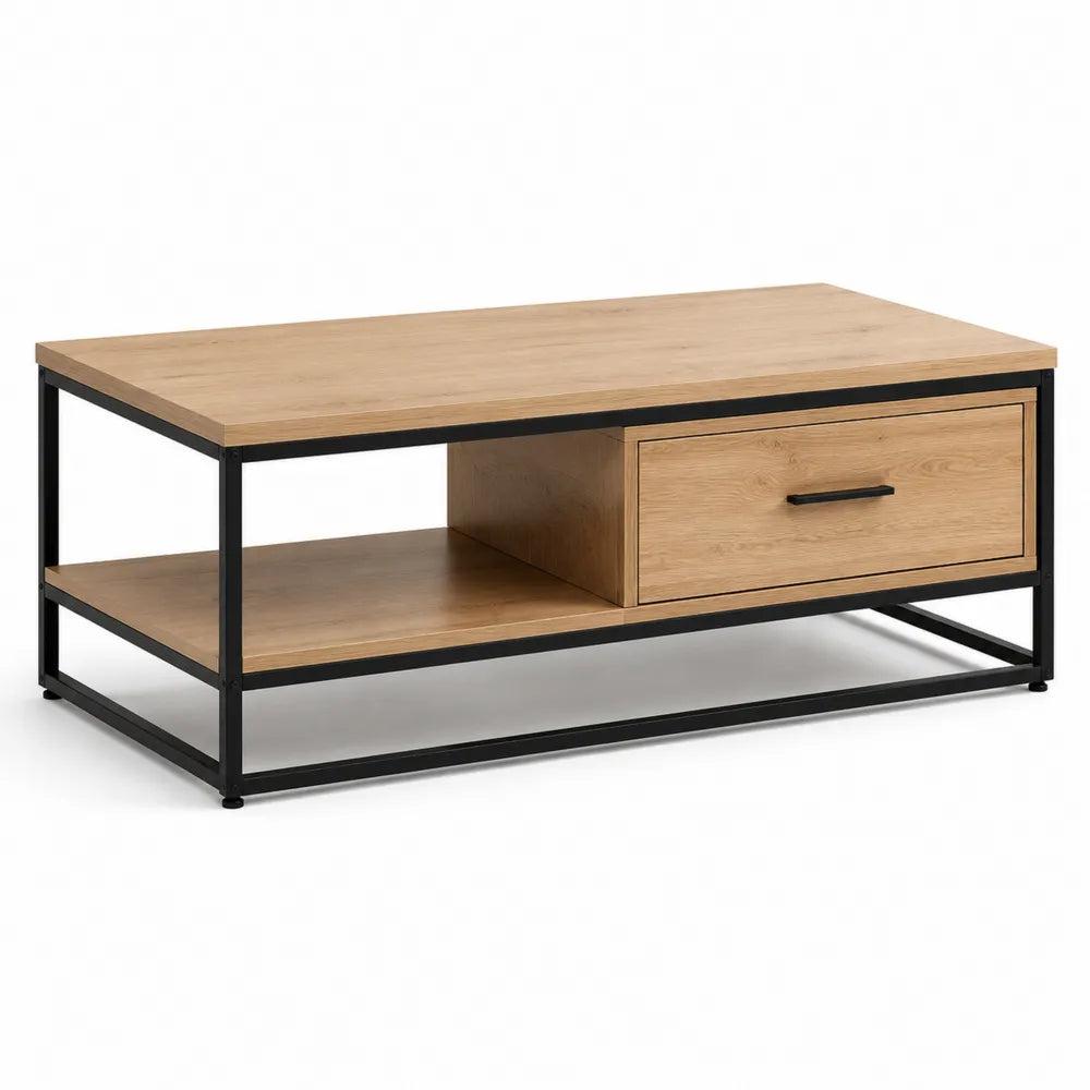 Couchtisch 120x60x45 cm mit Schublade und Ablageflächen aus MDF Natur Schwarz