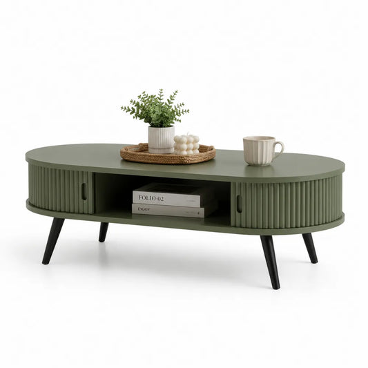 Ovaler Couchtisch mit Stauraum geriffelten MDF Fronten Metallbeinen olivgrün 120 x 60 x 45 cm