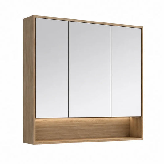 Spiegelschrank Badezimmer mit drei Spiegeltüren MDF Holzoptik Weiß Natur 100 cm x 15 cm x 70 cm