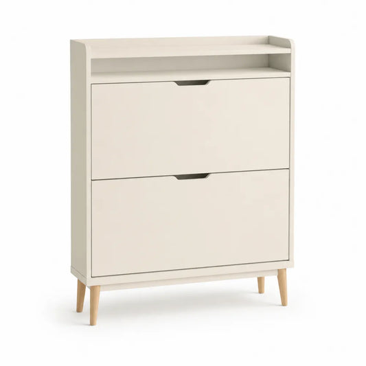 Schuhschrank mit 2 Klappen Ablagefach MDF Weiß Natur 80 cm x 35 cm x 100 cm