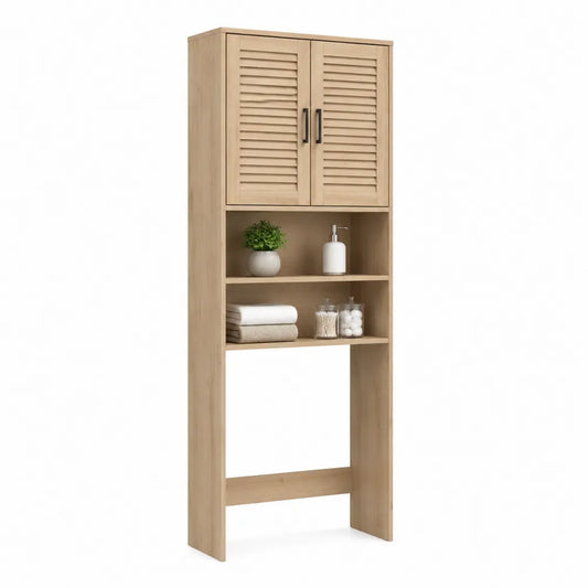 Waschmaschinenregal mit Schranktüren und Ablage MDF Holzdekor beige 70 x 30 x 190 cm