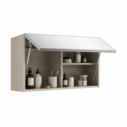 Spiegelschrank Badezimmer mit Klapptür Ablagefächern MDF Holzdekor Beige 100 cm x 20 cm x 55 cm